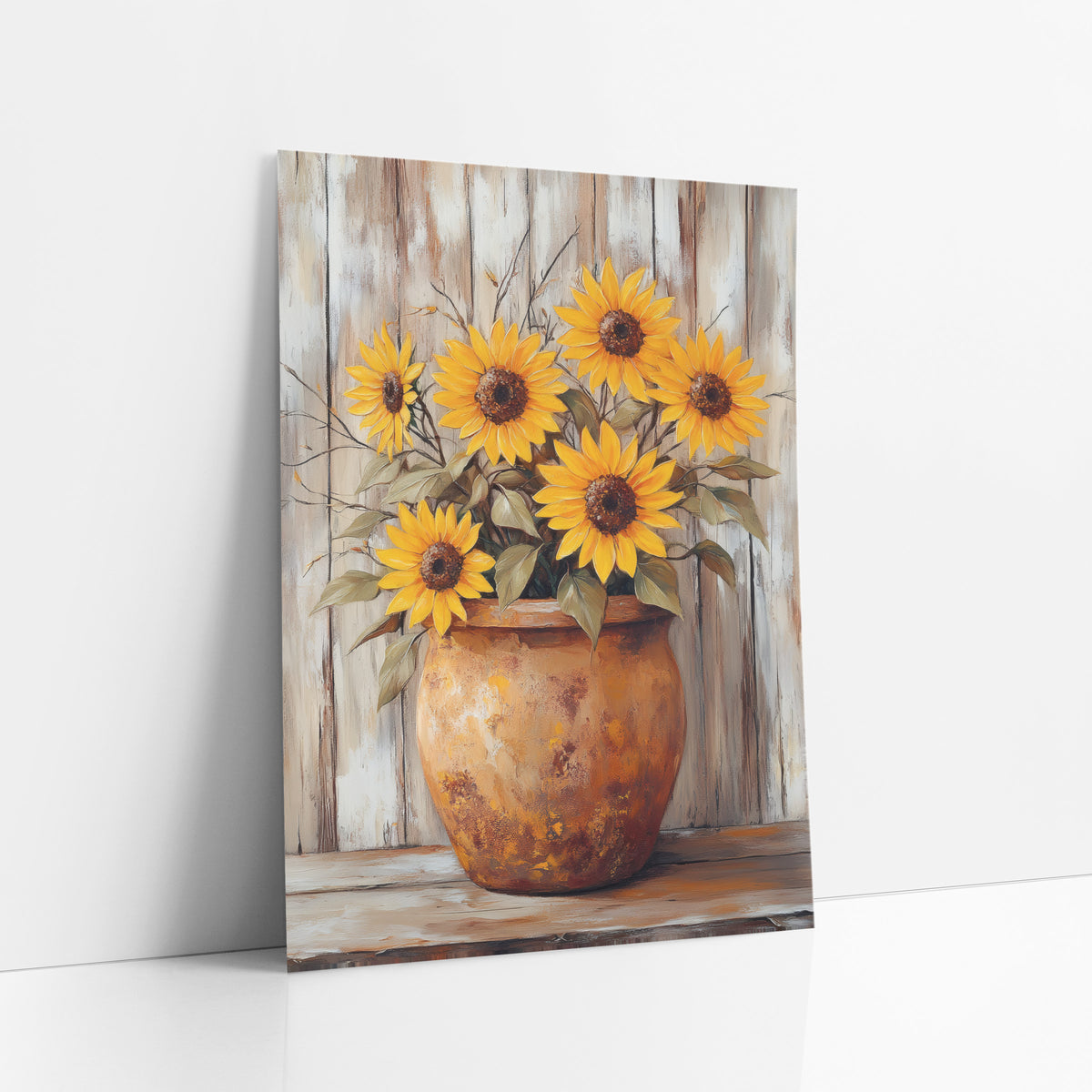 Rusty Round Crock Sunflowers Rustic art print leaning against a white wall – five yellow sunflowers in a rust-orange crock
