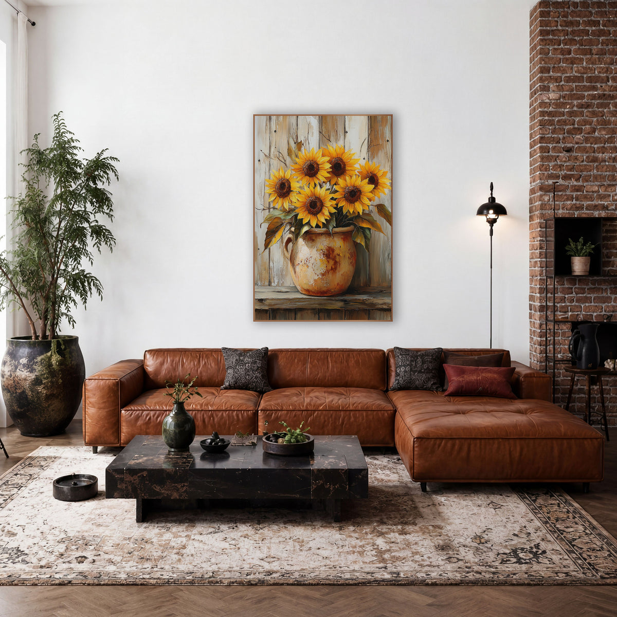 Cream Pitcher Sunflowers Weathered Planks wall art in a farmhouse-style room – six yellow sunflowers in a chipped