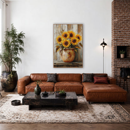 Cream Pitcher Sunflowers Weathered Planks wall art in a farmhouse-style room – six yellow sunflowers in a chipped