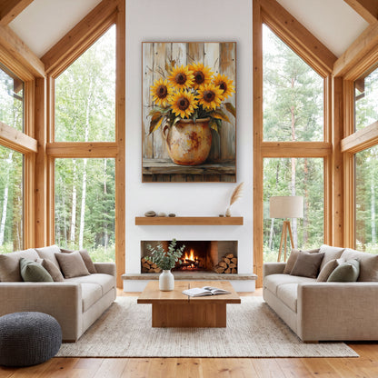 Cream Pitcher Sunflowers Weathered Planks wall art in a farmhouse-style room – six yellow sunflowers in a chipped