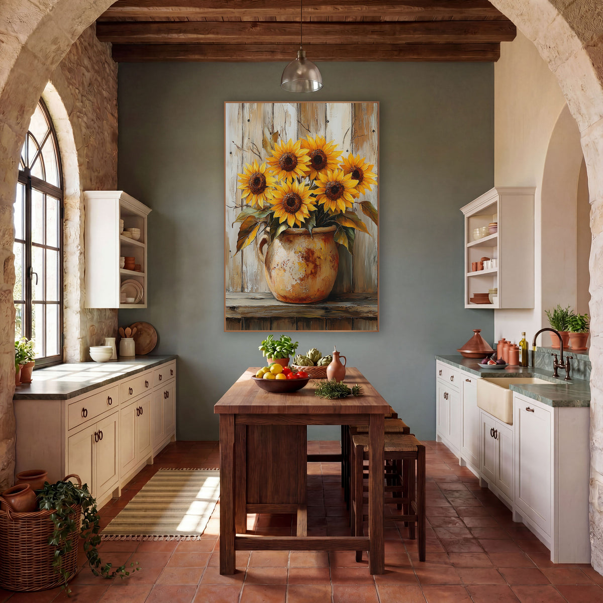 Cream Pitcher Sunflowers Weathered Planks wall art in a farmhouse-style room – six yellow sunflowers in a chipped