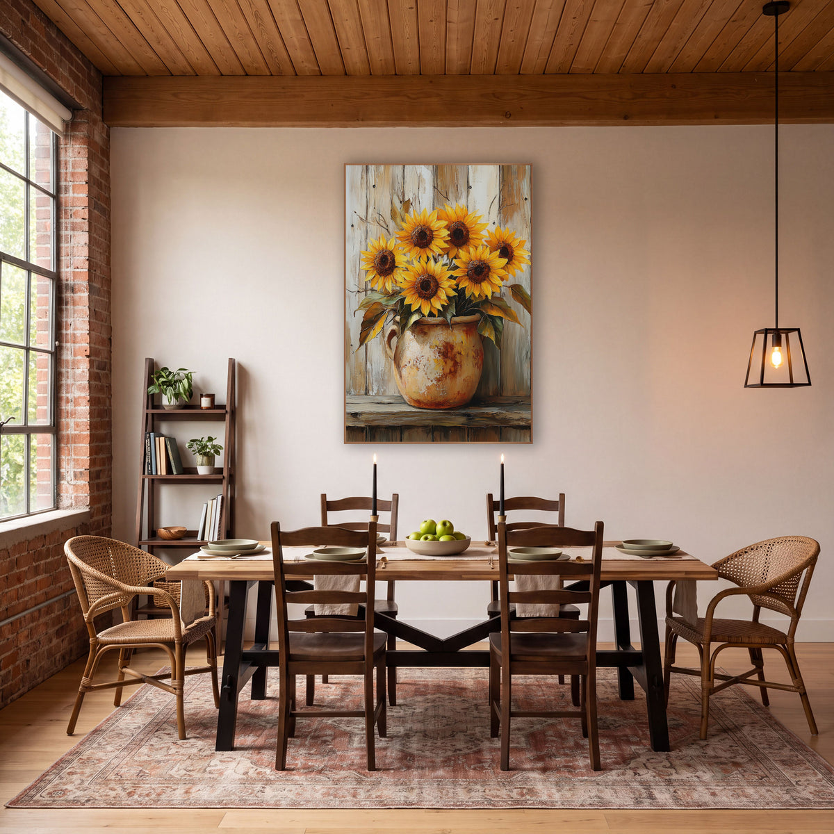 Cream Pitcher Sunflowers Weathered Planks wall art in a farmhouse-style room – six yellow sunflowers in a chipped