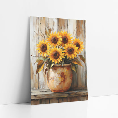 Cream Pitcher Sunflowers Weathered Planks art print leaning against a white wall – six yellow sunflowers in a chipped cream
