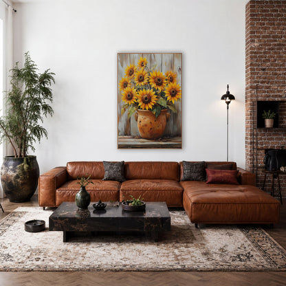 Barn Board Sunflower Crock Farmhouse wall art in a farmhouse-style room – yellow sunflowers with green leaves