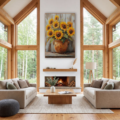 Barn Board Sunflower Crock Farmhouse wall art in a farmhouse-style room – yellow sunflowers with green leaves