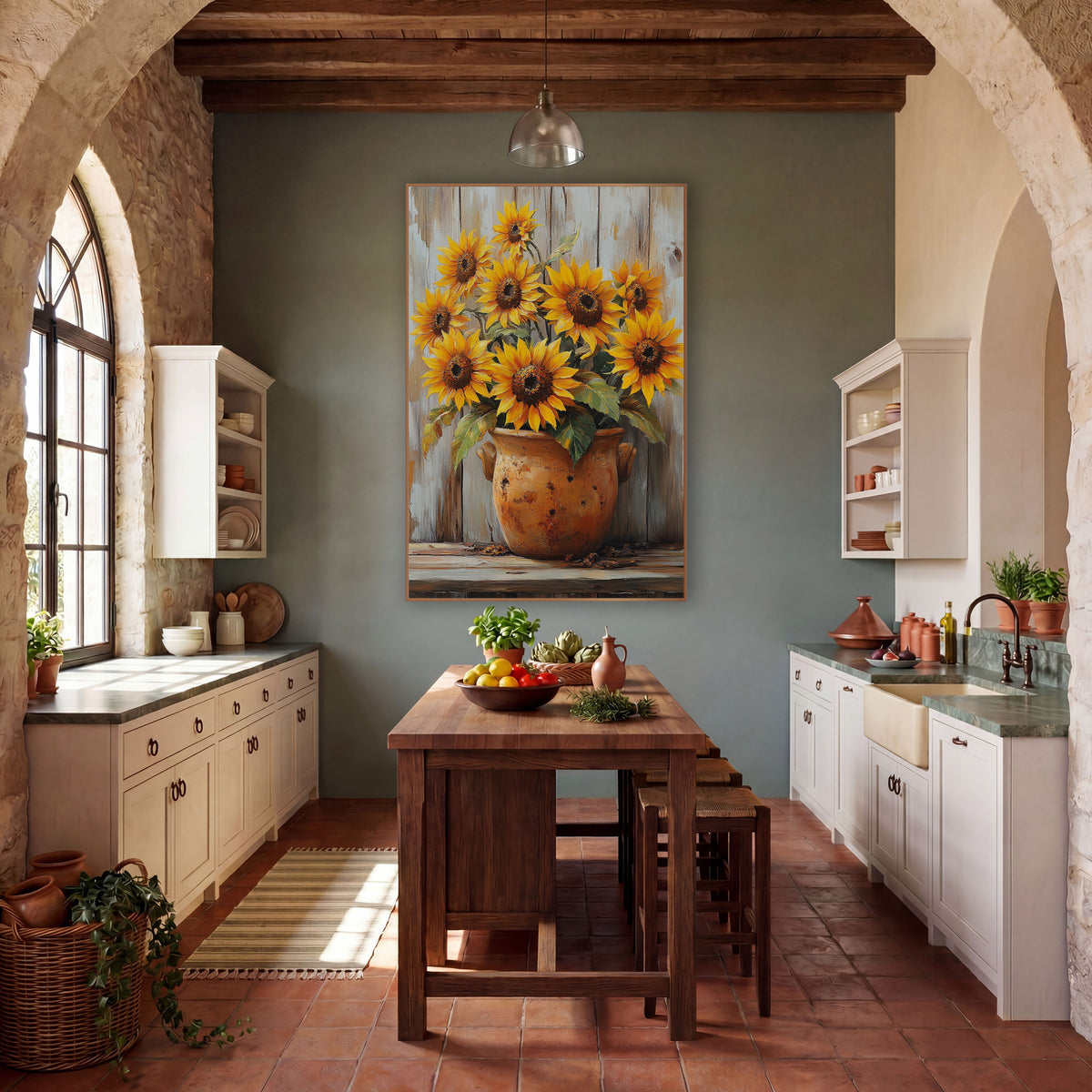 Barn Board Sunflower Crock Farmhouse wall art in a farmhouse-style room – yellow sunflowers with green leaves