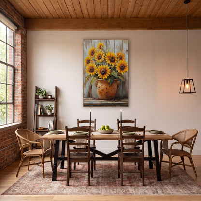 Barn Board Sunflower Crock Farmhouse wall art in a farmhouse-style room – yellow sunflowers with green leaves