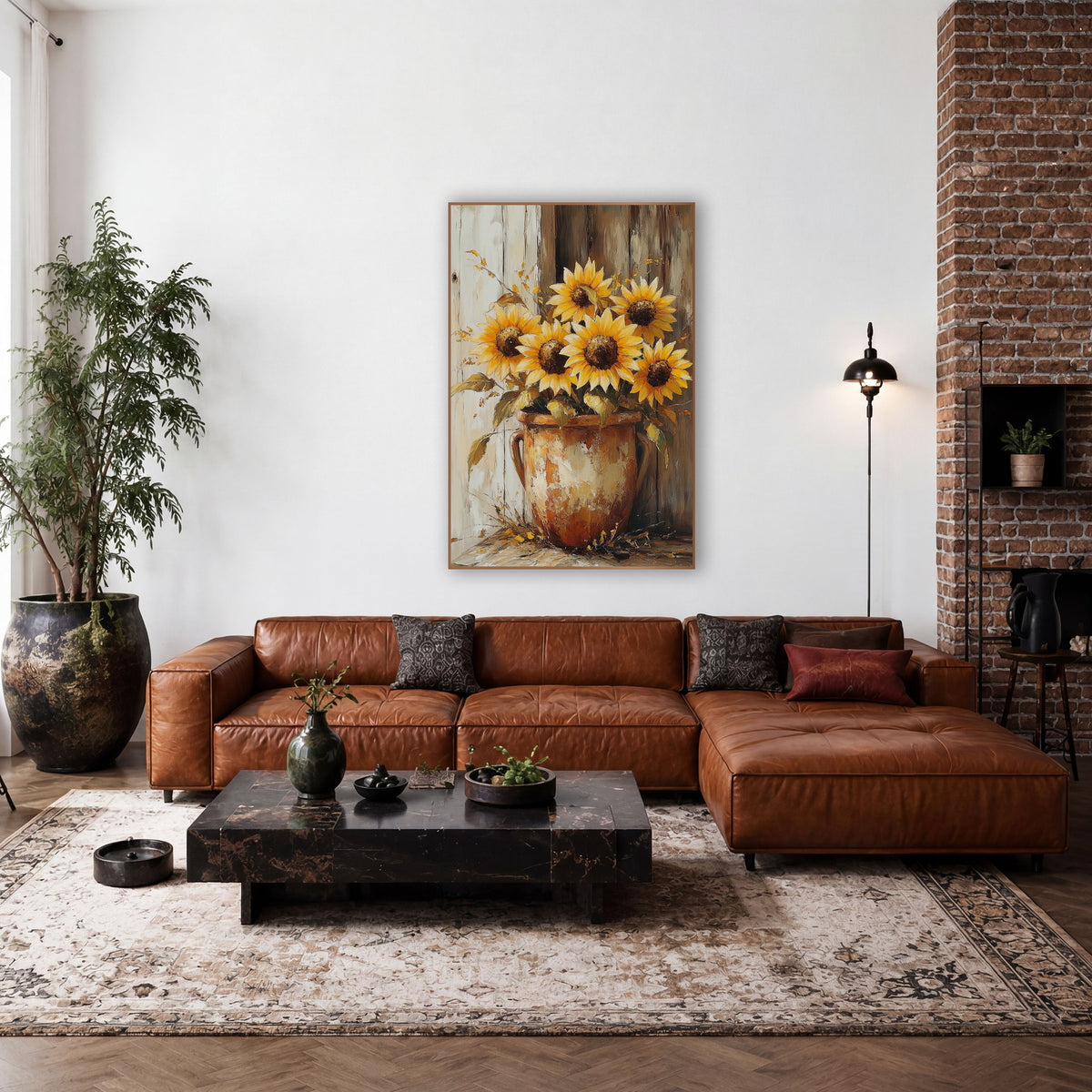 Corner Sunflowers Twin Handle Crock wall art in a farmhouse-style room – yellow sunflowers in a scuffed rust-orange