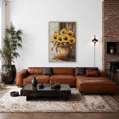 Corner Sunflowers Twin Handle Crock wall art in a farmhouse-style room – yellow sunflowers in a scuffed rust-orange