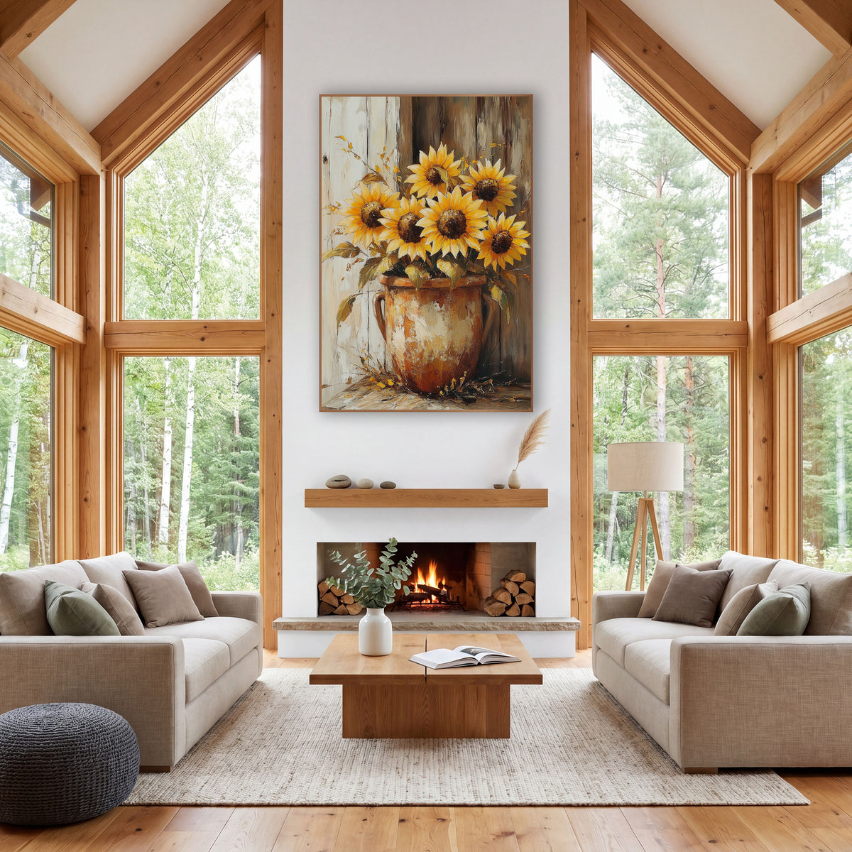 Corner Sunflowers Twin Handle Crock wall art in a farmhouse-style room – yellow sunflowers in a scuffed rust-orange