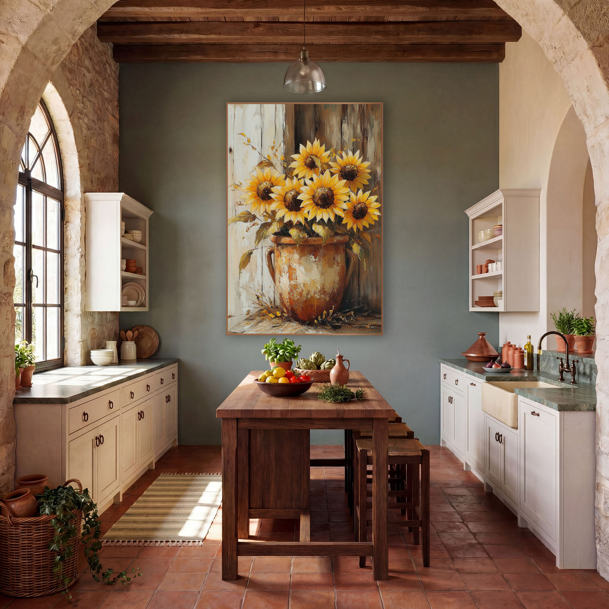 Corner Sunflowers Twin Handle Crock wall art in a farmhouse-style room – yellow sunflowers in a scuffed rust-orange
