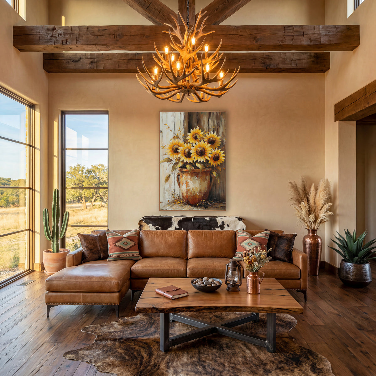Corner Sunflowers Twin Handle Crock wall art in a farmhouse-style room – yellow sunflowers in a scuffed rust-orange