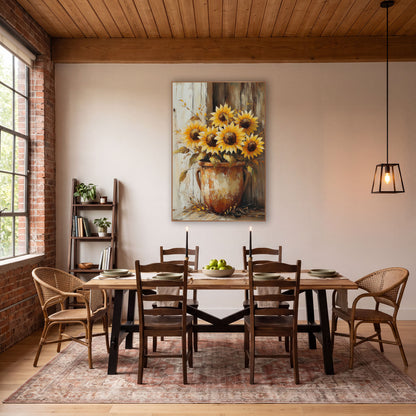 Corner Sunflowers Twin Handle Crock wall art in a farmhouse-style room – yellow sunflowers in a scuffed rust-orange