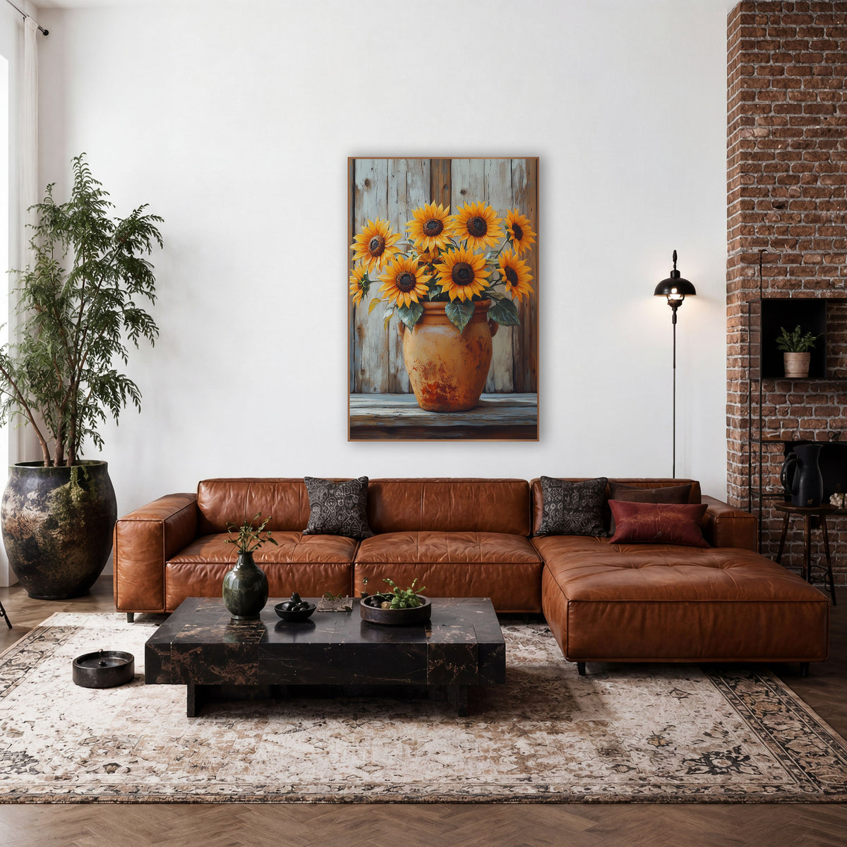 Sunflowers in Weathered Terracotta Farmhouse wall art in a farmhouse-style room – yellow sunflowers in a rust-spotted