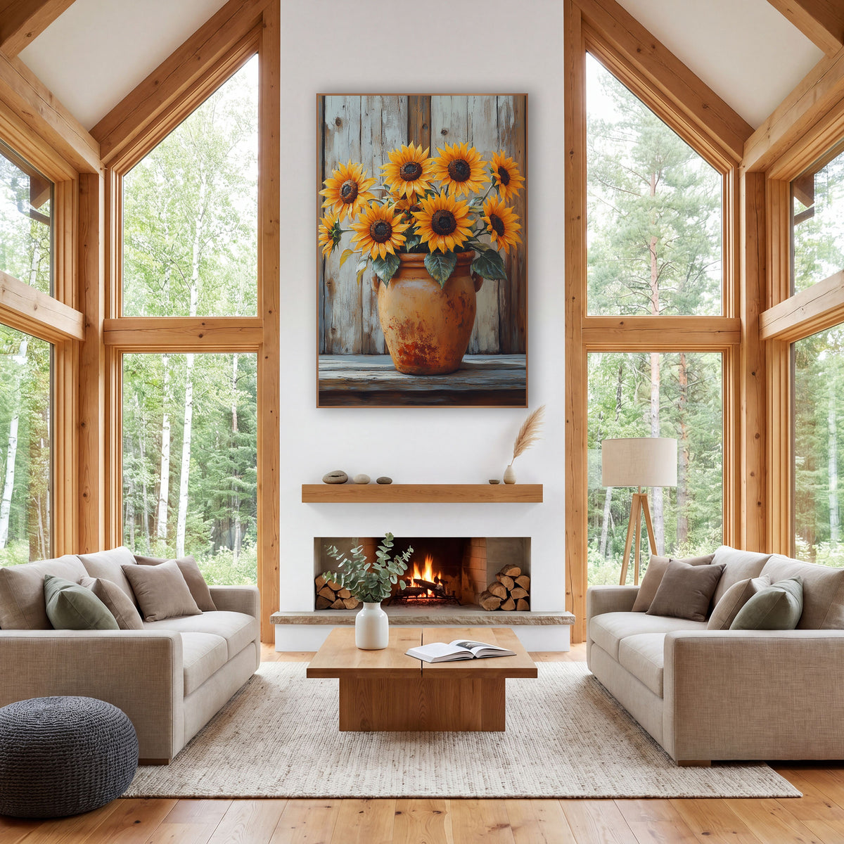 Sunflowers in Weathered Terracotta Farmhouse wall art in a farmhouse-style room – yellow sunflowers in a rust-spotted