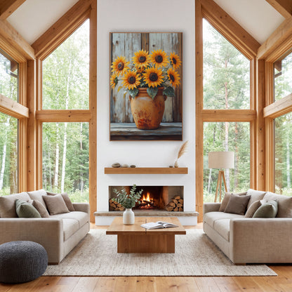 Sunflowers in Weathered Terracotta Farmhouse wall art in a farmhouse-style room – yellow sunflowers in a rust-spotted