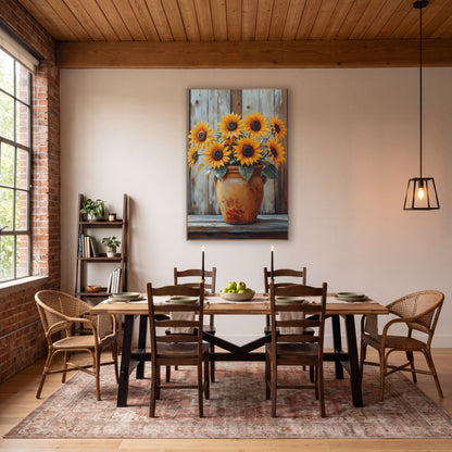 Sunflowers in Weathered Terracotta Farmhouse wall art in a farmhouse-style room – yellow sunflowers in a rust-spotted