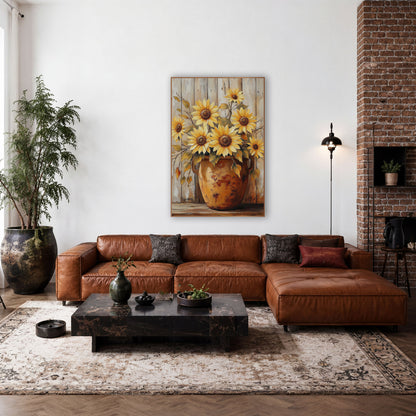 Yellow Sunflowers Rust Crock Farmhouse wall art in a farmhouse-style room – seven yellow sunflowers in a worn