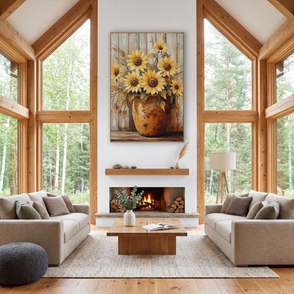Yellow Sunflowers Rust Crock Farmhouse wall art in a farmhouse-style room – seven yellow sunflowers in a worn