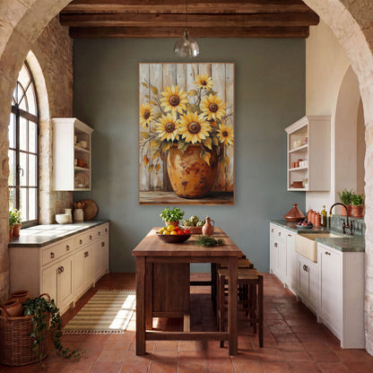 Yellow Sunflowers Rust Crock Farmhouse wall art in a farmhouse-style room – seven yellow sunflowers in a worn