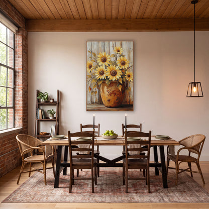 Yellow Sunflowers Rust Crock Farmhouse wall art in a farmhouse-style room – seven yellow sunflowers in a worn