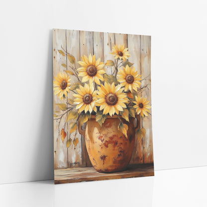 Yellow Sunflowers Rust Crock Farmhouse art print leaning against a white wall – seven yellow sunflowers in a worn rust-orange