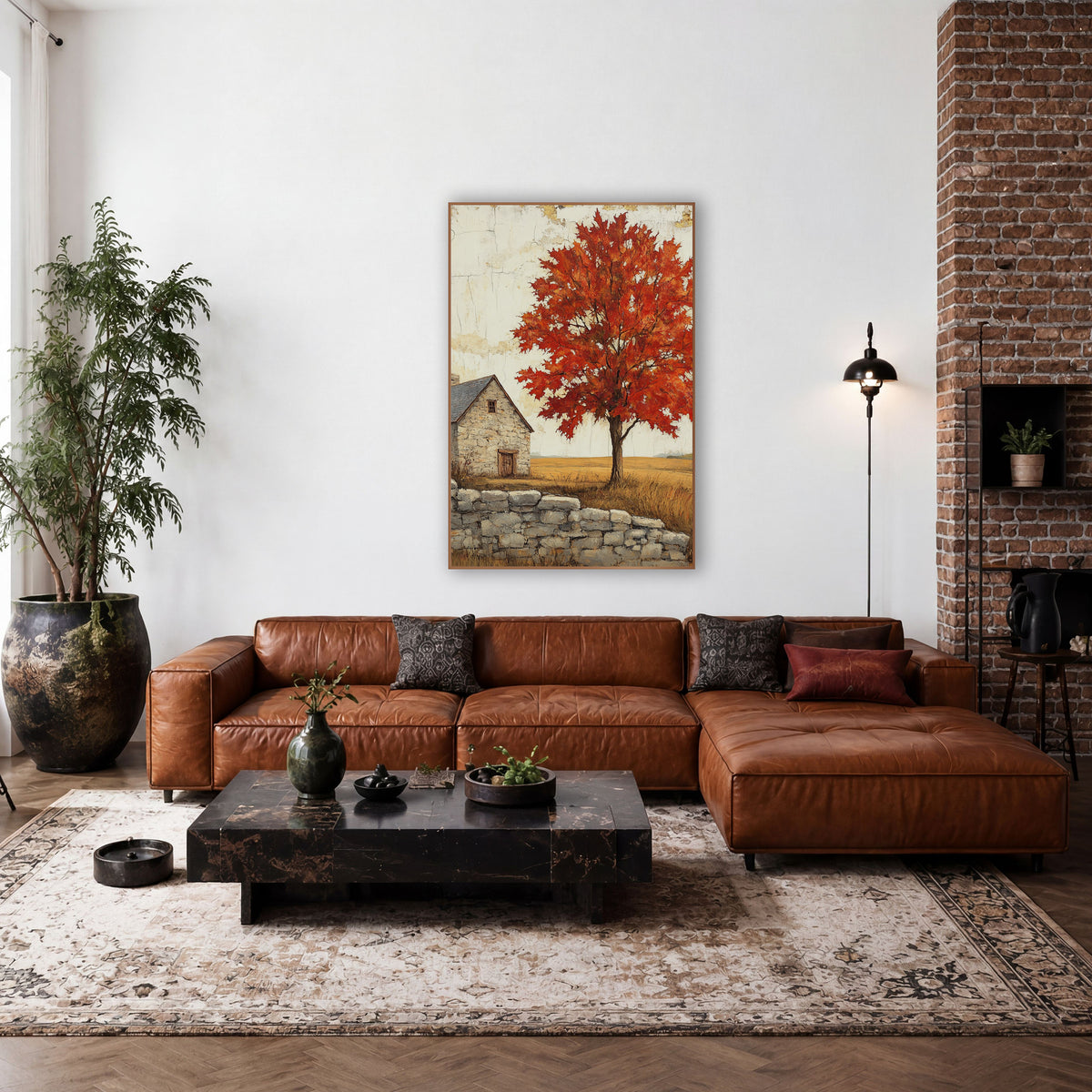 Crimson Maple Slate Roof Cottage wall art in a farmhouse-style room – red maple tree in autumn beside a small stone