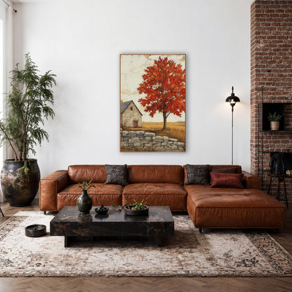 Crimson Maple Slate Roof Cottage wall art in a farmhouse-style room – red maple tree in autumn beside a small stone