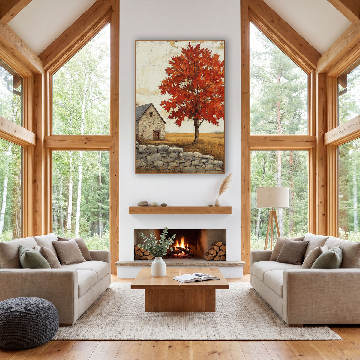 Crimson Maple Slate Roof Cottage wall art in a farmhouse-style room – red maple tree in autumn beside a small stone