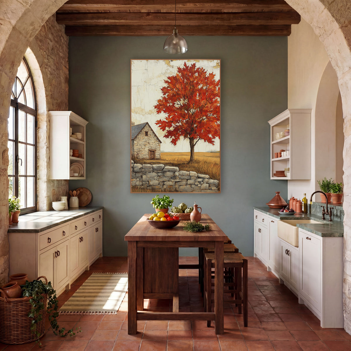 Crimson Maple Slate Roof Cottage wall art in a farmhouse-style room – red maple tree in autumn beside a small stone