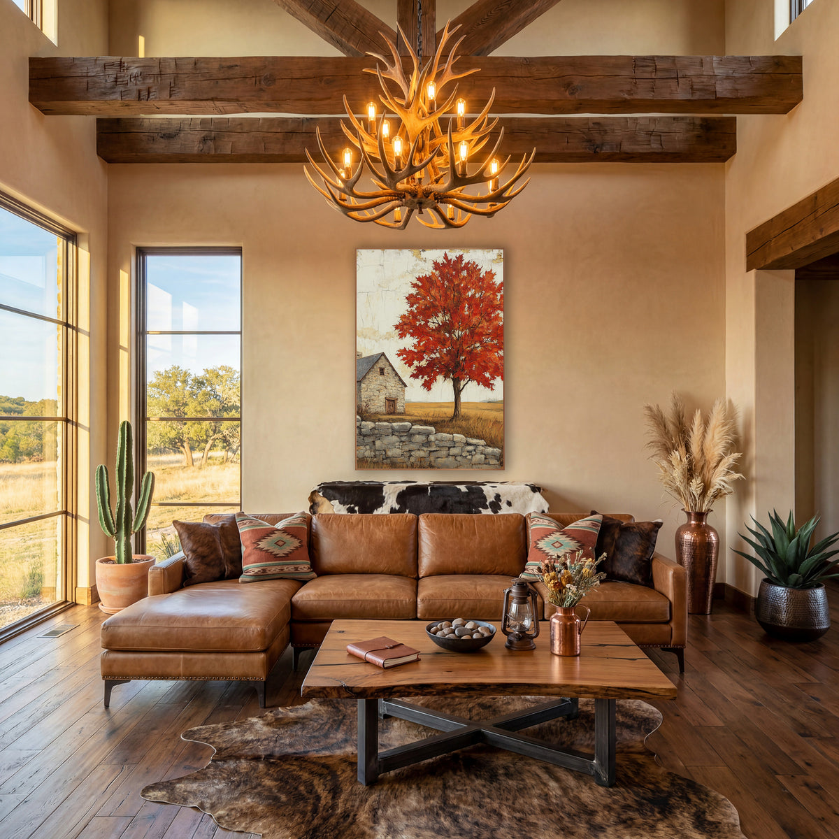 Crimson Maple Slate Roof Cottage wall art in a farmhouse-style room – red maple tree in autumn beside a small stone