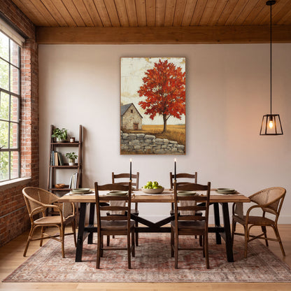 Crimson Maple Slate Roof Cottage wall art in a farmhouse-style room – red maple tree in autumn beside a small stone