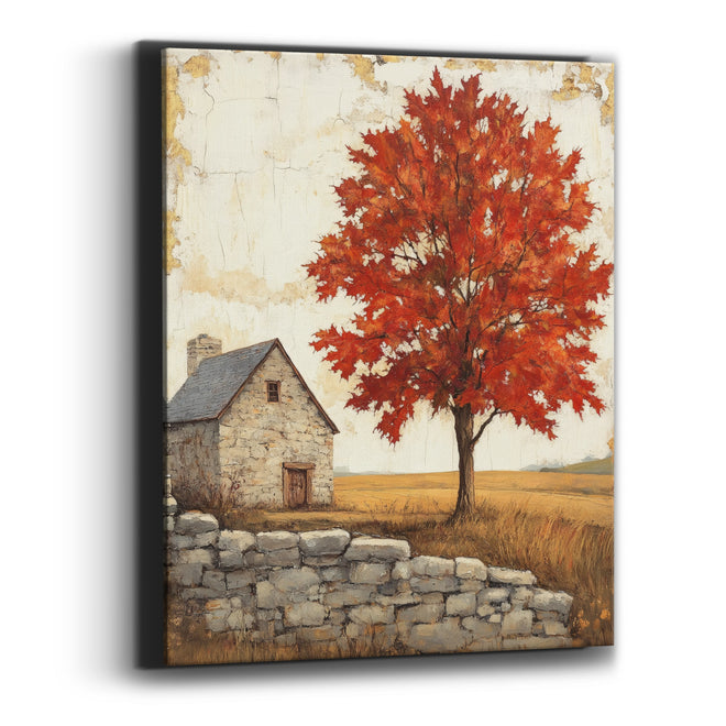 Crimson Maple Slate Roof Cottage Canvas Wall Art