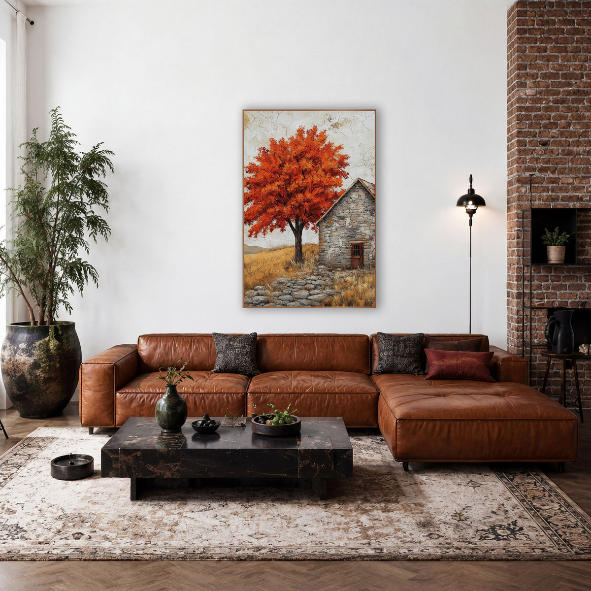 Fiery Maple Stone Cottage Rustic wall art in a farmhouse-style room – orange-red maple tree beside a gray stone