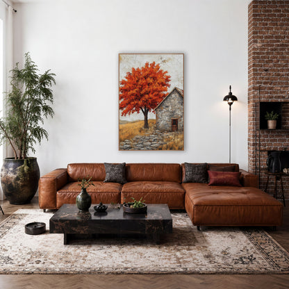 Fiery Maple Stone Cottage Rustic wall art in a farmhouse-style room – orange-red maple tree beside a gray stone