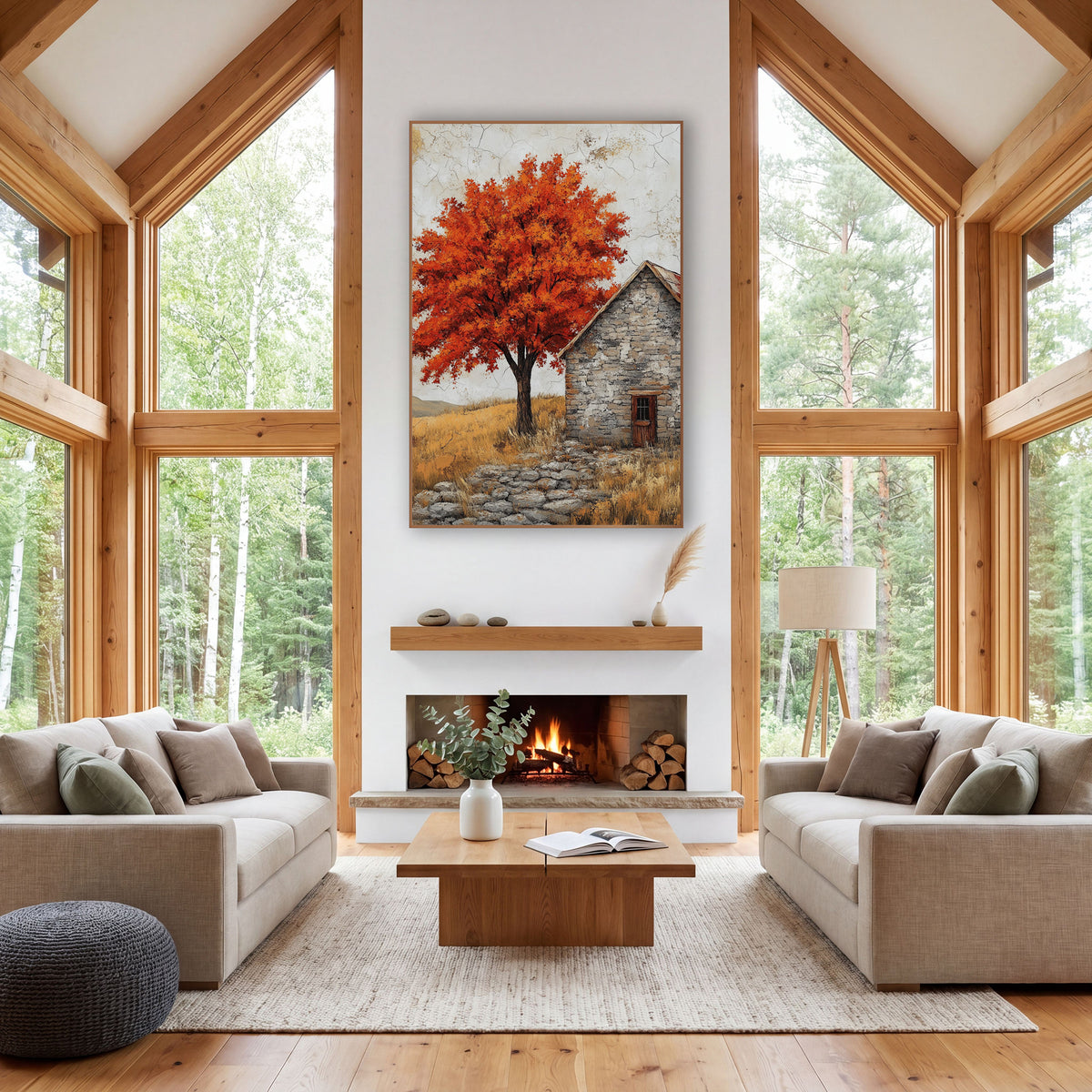Fiery Maple Stone Cottage Rustic wall art in a farmhouse-style room – orange-red maple tree beside a gray stone