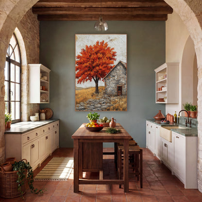 Fiery Maple Stone Cottage Rustic wall art in a farmhouse-style room – orange-red maple tree beside a gray stone