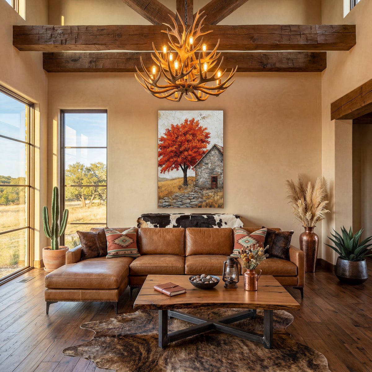 Fiery Maple Stone Cottage Rustic wall art in a farmhouse-style room – orange-red maple tree beside a gray stone