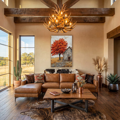 Fiery Maple Stone Cottage Rustic wall art in a farmhouse-style room – orange-red maple tree beside a gray stone