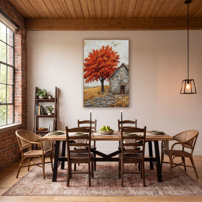 Fiery Maple Stone Cottage Rustic wall art in a farmhouse-style room – orange-red maple tree beside a gray stone