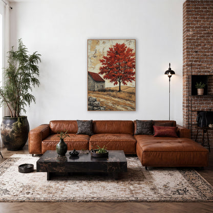 Scarlet Maple Red Roof Hillside wall art in a farmhouse-style room – red-leaved tree beside a gray stone farmhouse