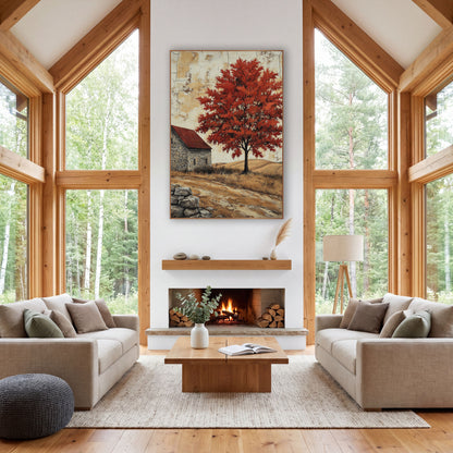 Scarlet Maple Red Roof Hillside wall art in a farmhouse-style room – red-leaved tree beside a gray stone farmhouse