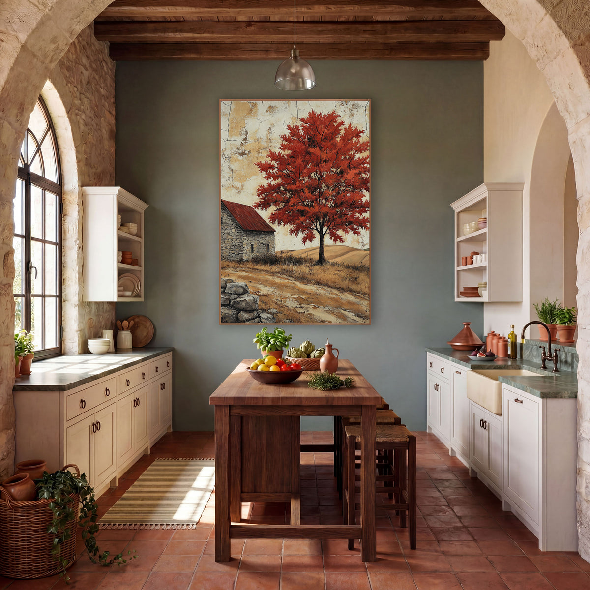 Scarlet Maple Red Roof Hillside wall art in a farmhouse-style room – red-leaved tree beside a gray stone farmhouse