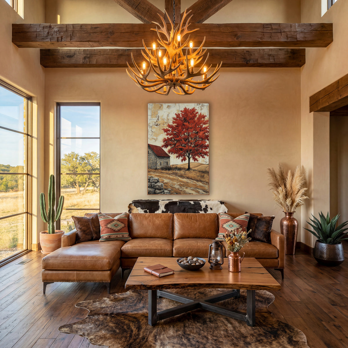 Scarlet Maple Red Roof Hillside wall art in a farmhouse-style room – red-leaved tree beside a gray stone farmhouse