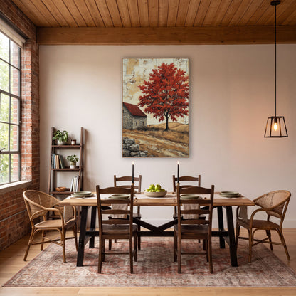 Scarlet Maple Red Roof Hillside wall art in a farmhouse-style room – red-leaved tree beside a gray stone farmhouse