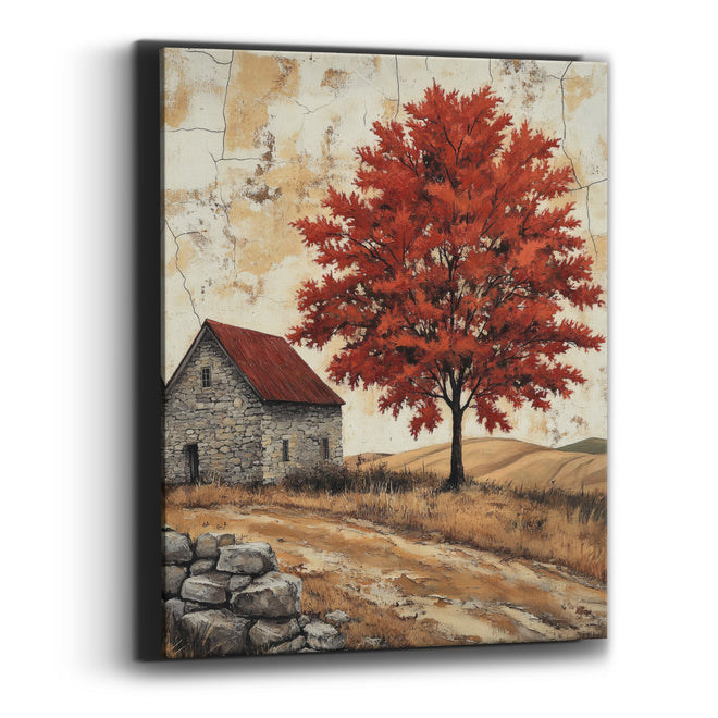 Scarlet Maple Red Roof Hillside Canvas Wall Art