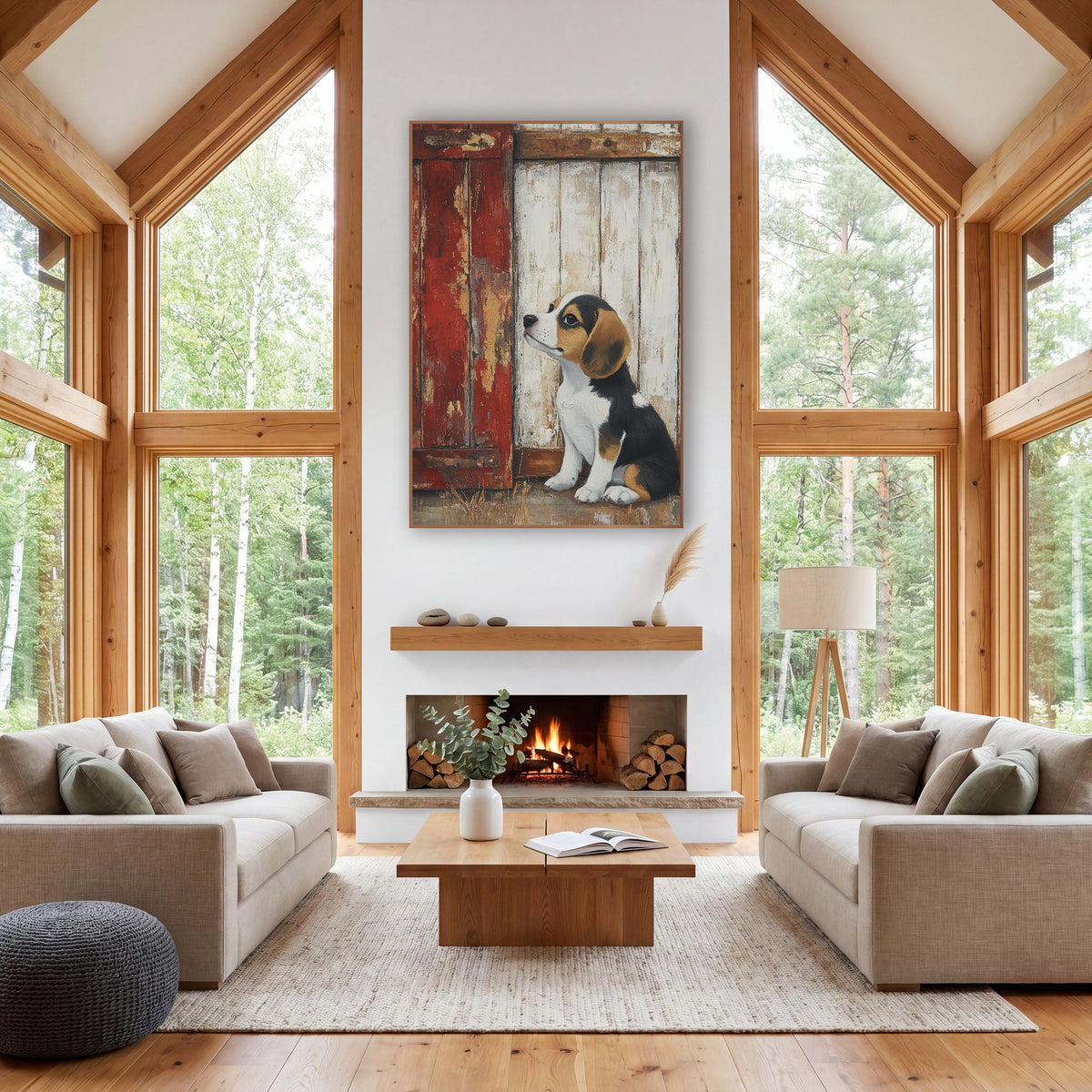 Beagle Puppy Rustic Barn Door wall art in a farmhouse-style room – beagle puppy looking up beside a chipped red barn