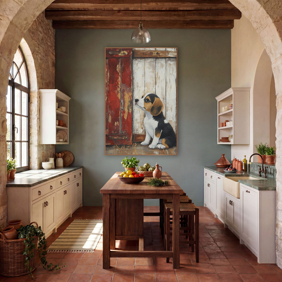Beagle Puppy Rustic Barn Door wall art in a farmhouse-style room – beagle puppy looking up beside a chipped red barn