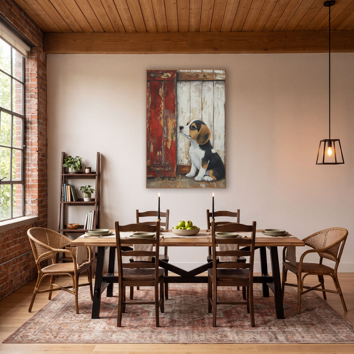 Beagle Puppy Rustic Barn Door wall art in a farmhouse-style room – beagle puppy looking up beside a chipped red barn
