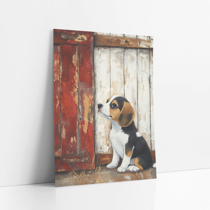 Beagle Puppy Rustic Barn Door art print leaning against a white wall – beagle puppy looking up beside a chipped red barn door